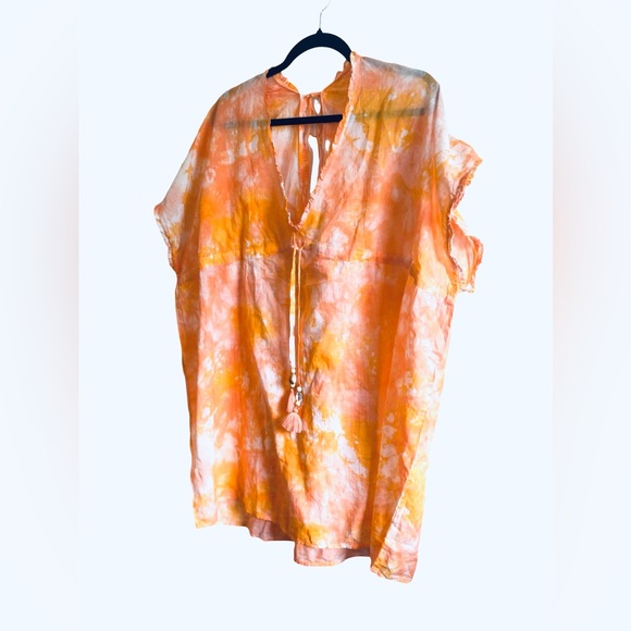 Aerie Swim Cover Up Small Orange  Peach Tie Dyed 100% Cotton Shell Drawstring - Picture 3 of 7